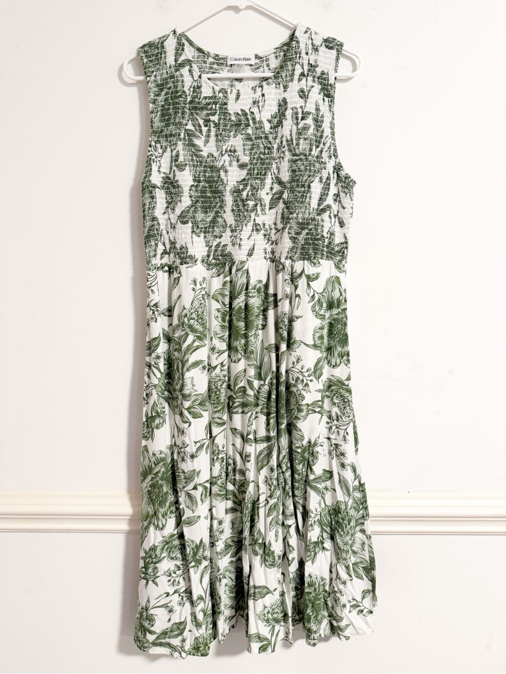 Calvin Klein Tropical Palm Floral Sleeveless Midi Dress 14 Green White Rayon